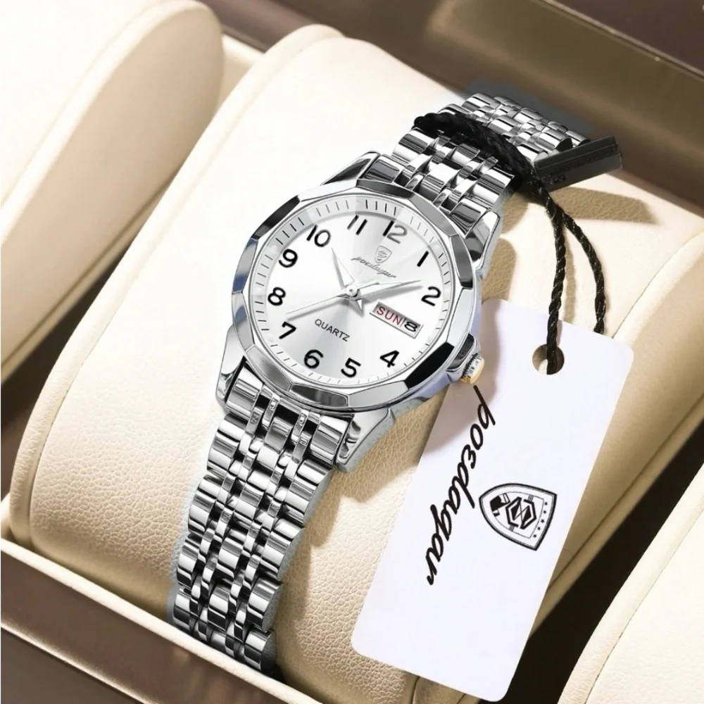 NWOT NIB Poedagar Silver Quartz Stainless Steel Men’s Watch W/White Watch Face